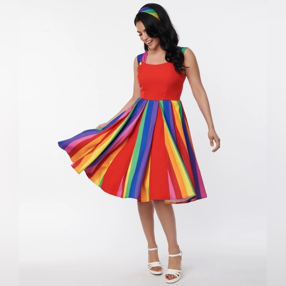 NWT Unique Vintage Red & Rainbow Stripe Swing Dress - Picture 5 of 8